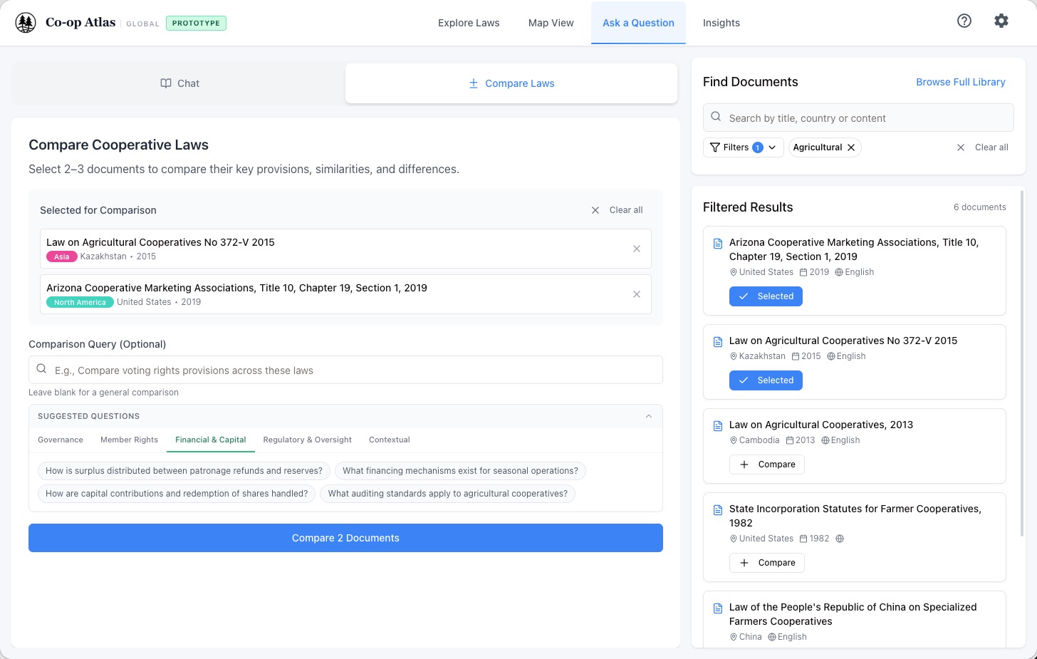 Global Edition comparison view for selecting laws from different jurisdictions.