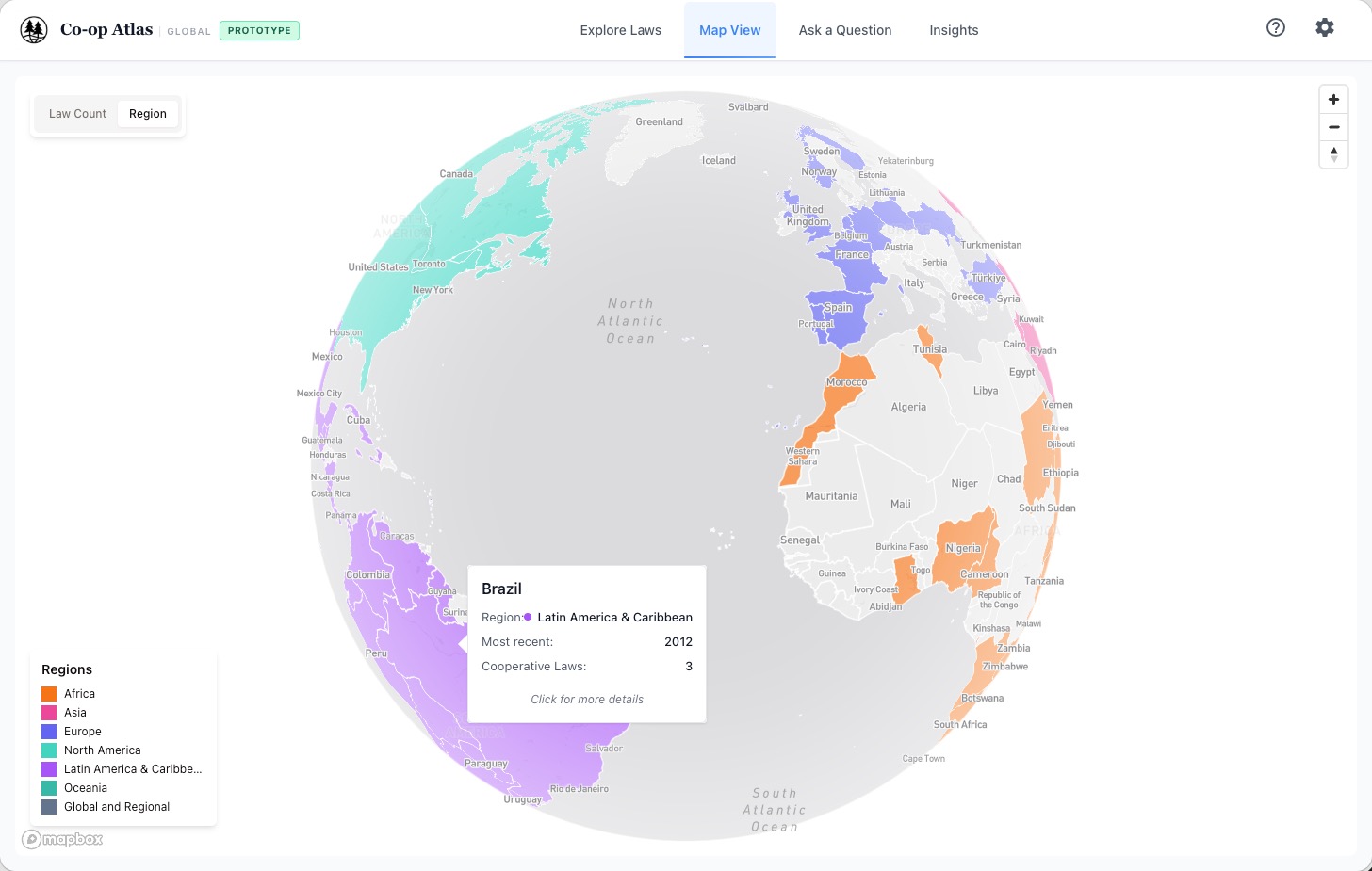 Global Edition world map view showing cooperative law coverage by region.